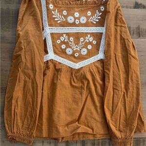 Mini Boden Brown Bishop Sleeve Blouse with Bib Collar and Embellished Details